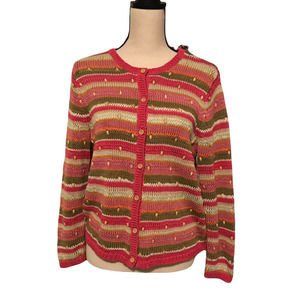 Talbots Striped Cardigan Sweater in Pink, Multicolored w/Wood Beads, Size Medium